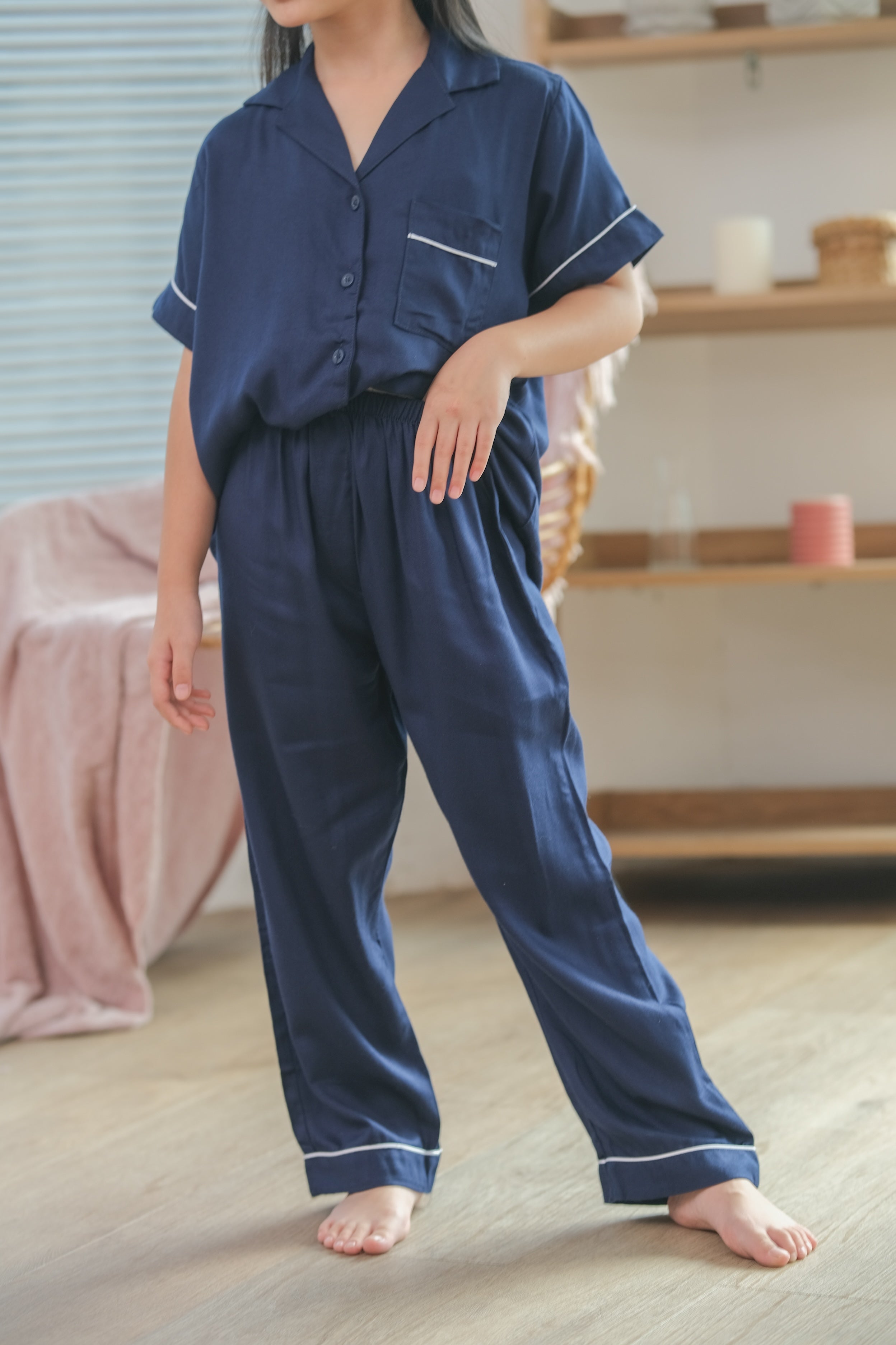 Milan Navy Viscose Rayon Short Sleeves Pajamas Set for Kids