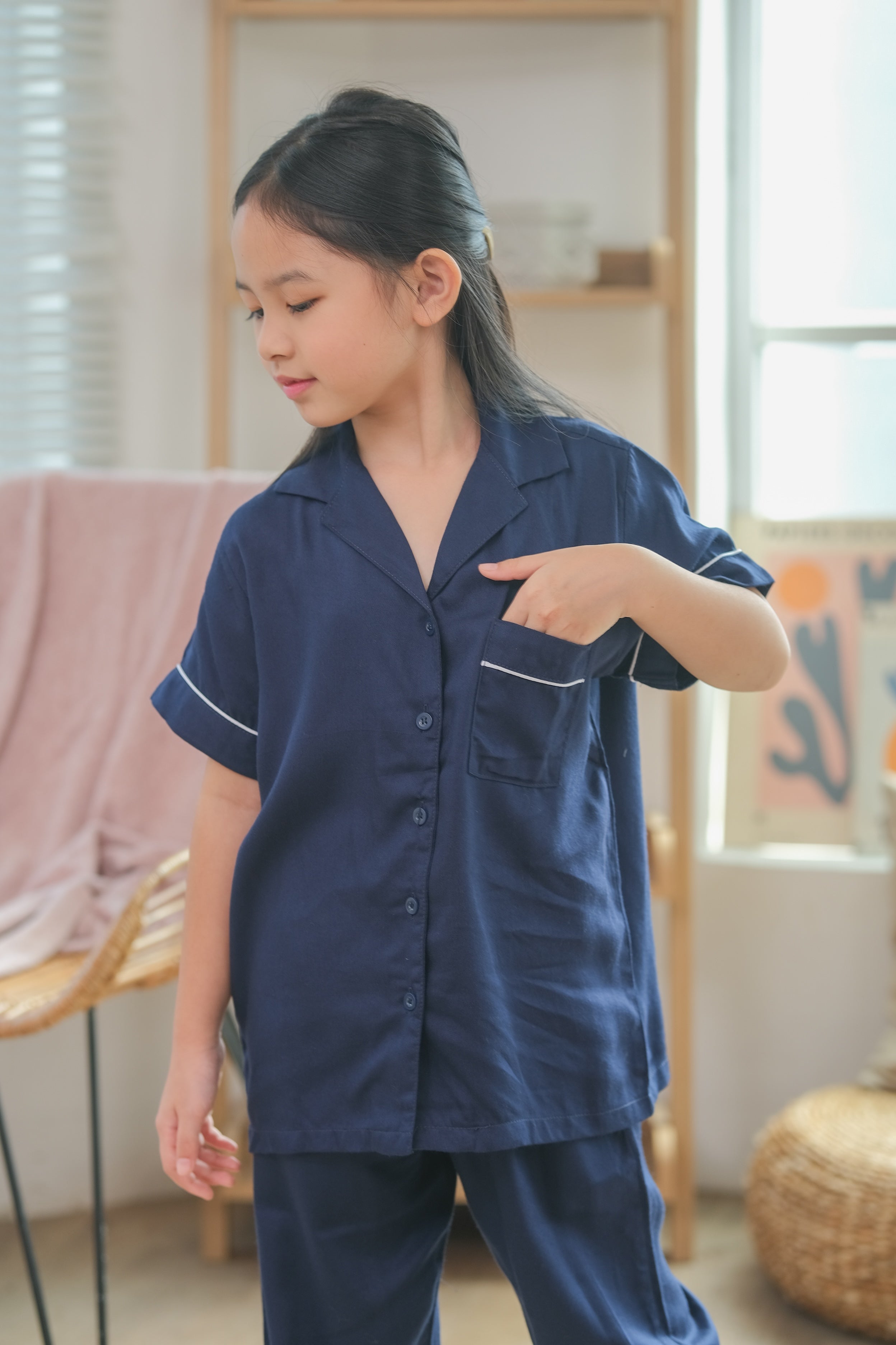 Milan Navy Viscose Rayon Short Sleeves Pajamas Set for Kids