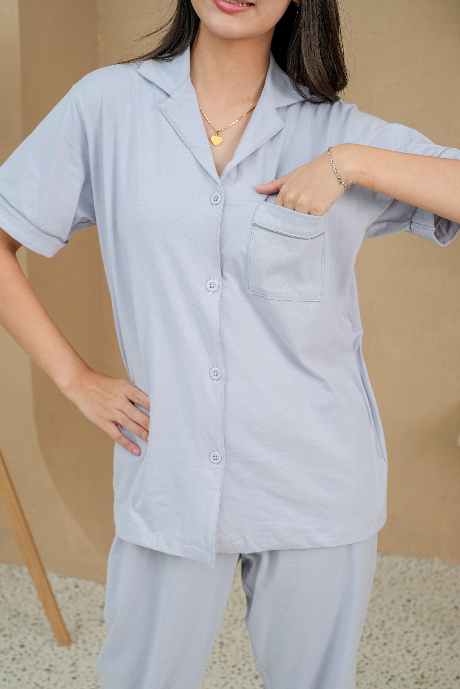 Women Mason Stone Grey Cotton Long Pajamas Set