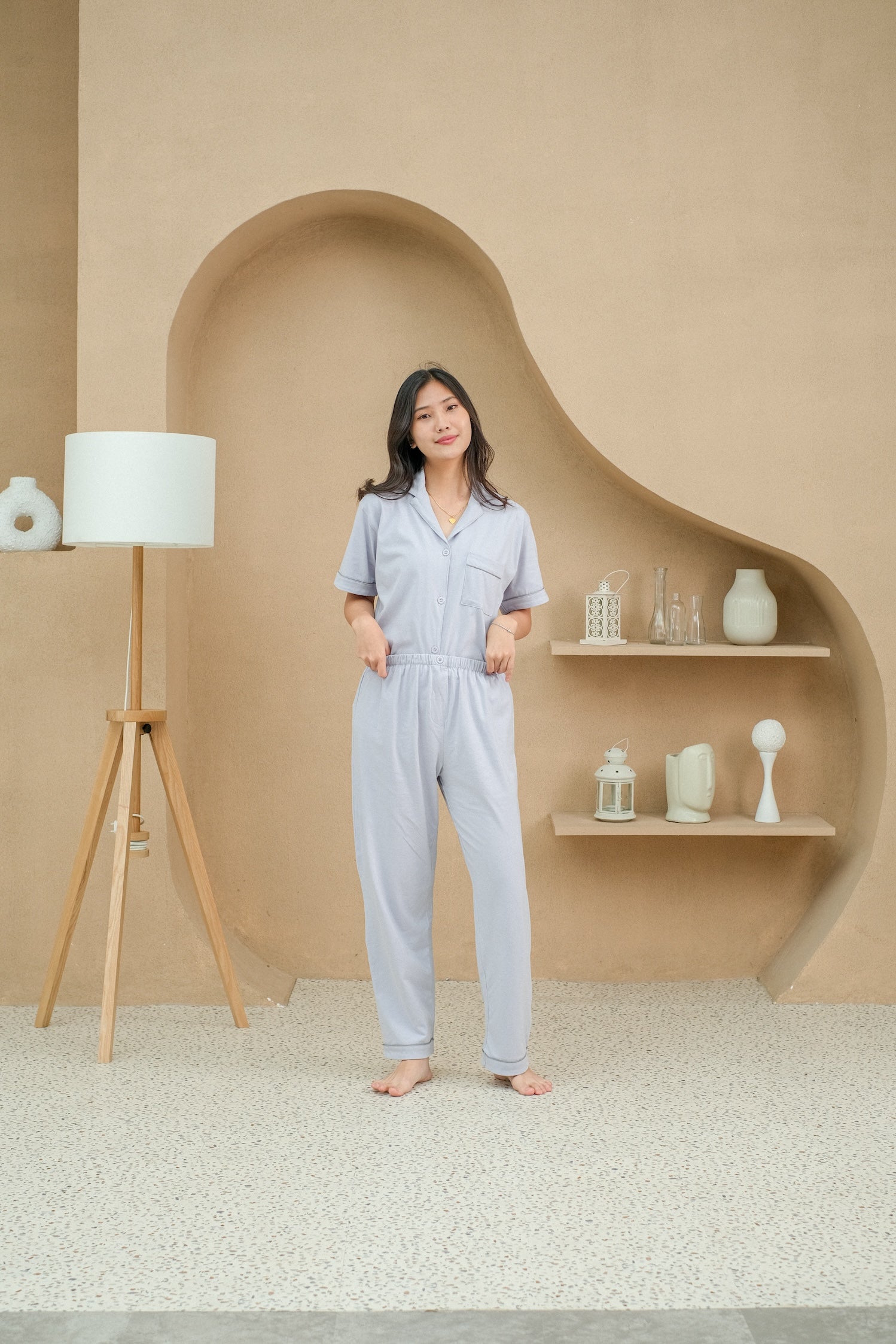 Women Mason Stone Grey Cotton Long Pajamas Set