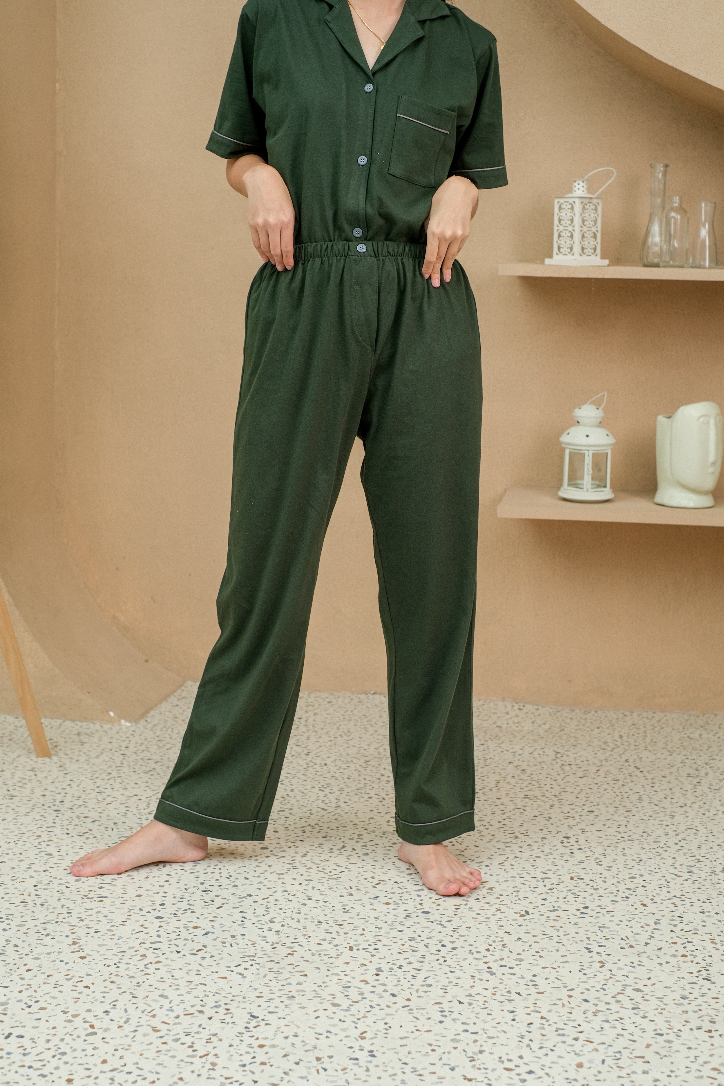 Women Mason Olive Cotton Long Pajamas Set