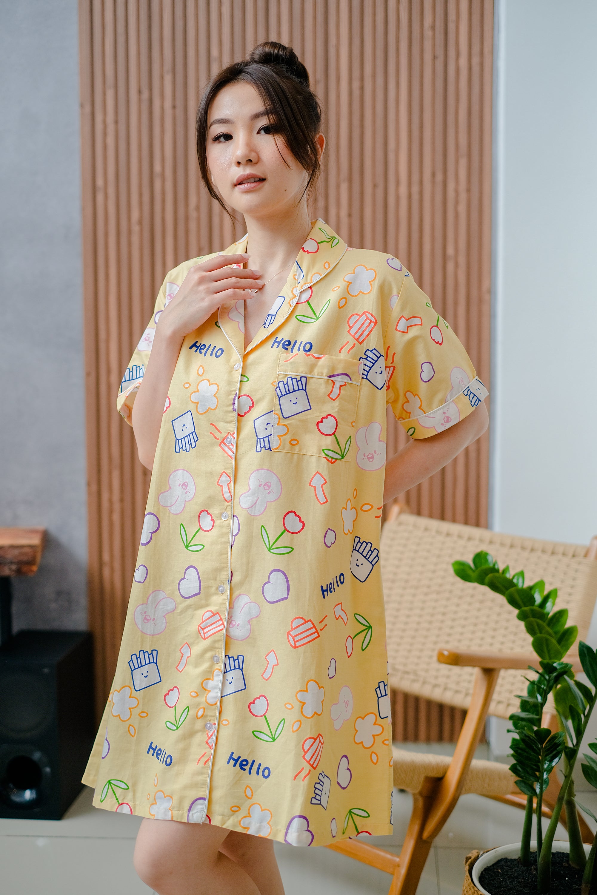 Hello Yellow Cotton House Dress Pajamas