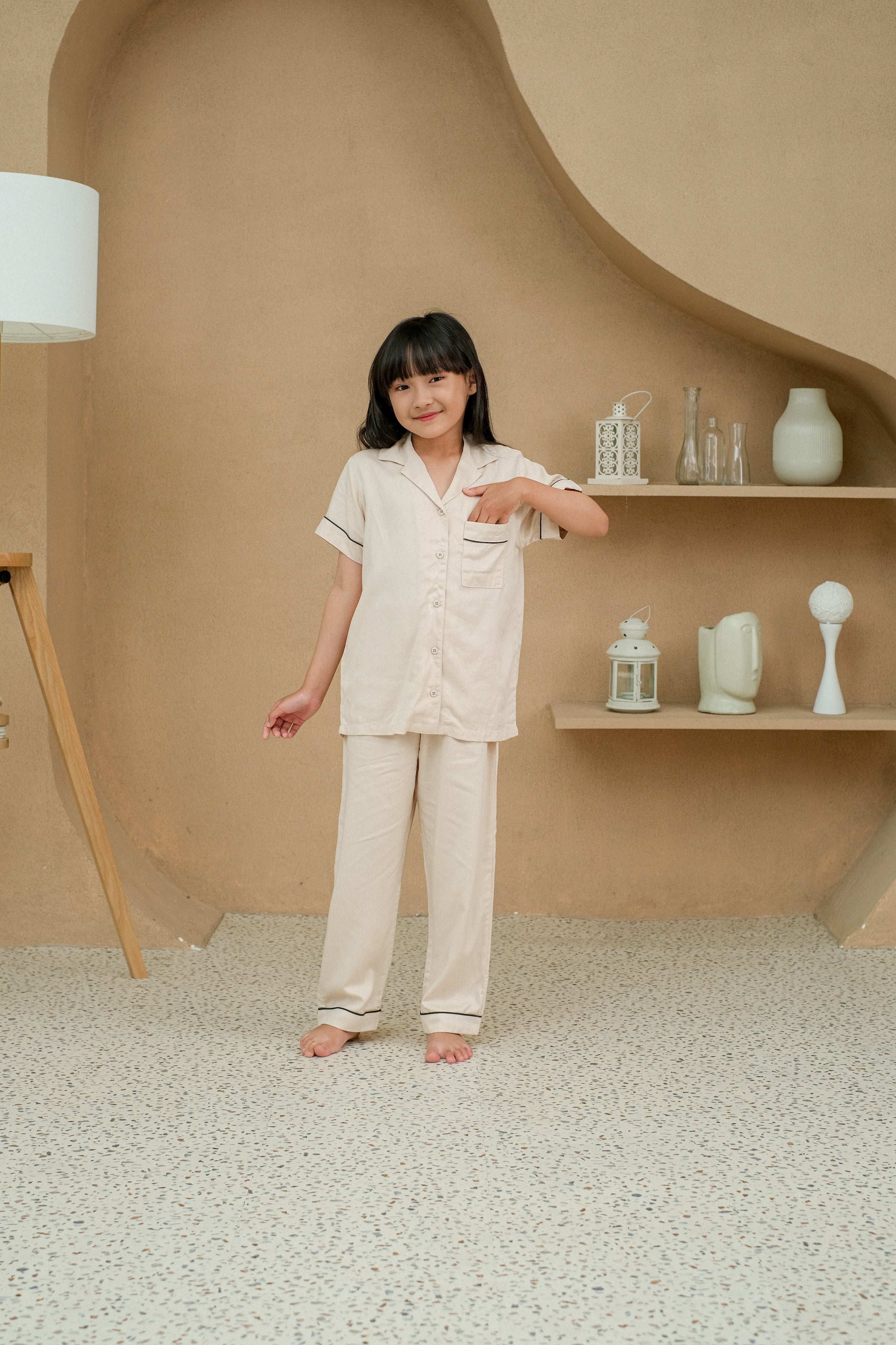 Milan Cream Viscose Rayon Short Sleeves Pajamas Set for Kids