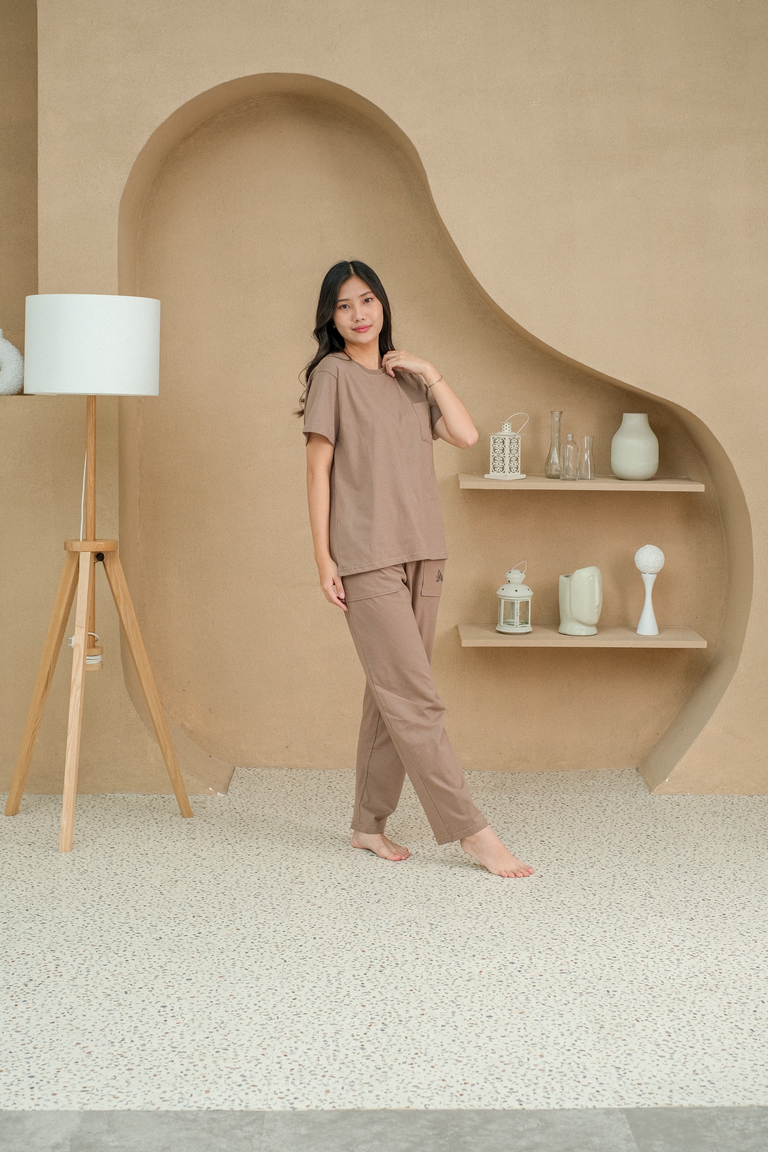 Women Coco Brown Cotton Long Pajamas Set