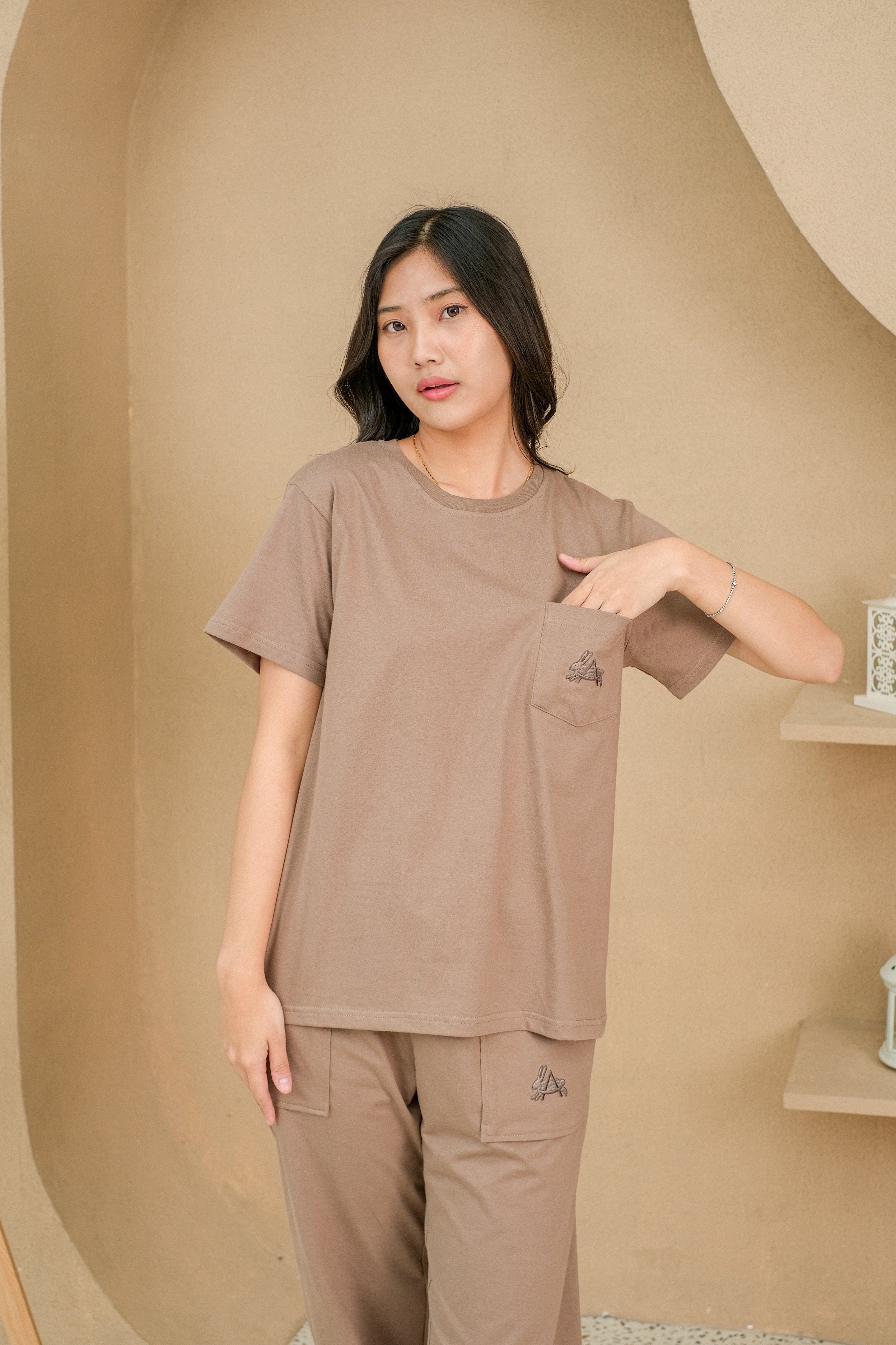 Women Coco Brown Cotton Long Pajamas Set