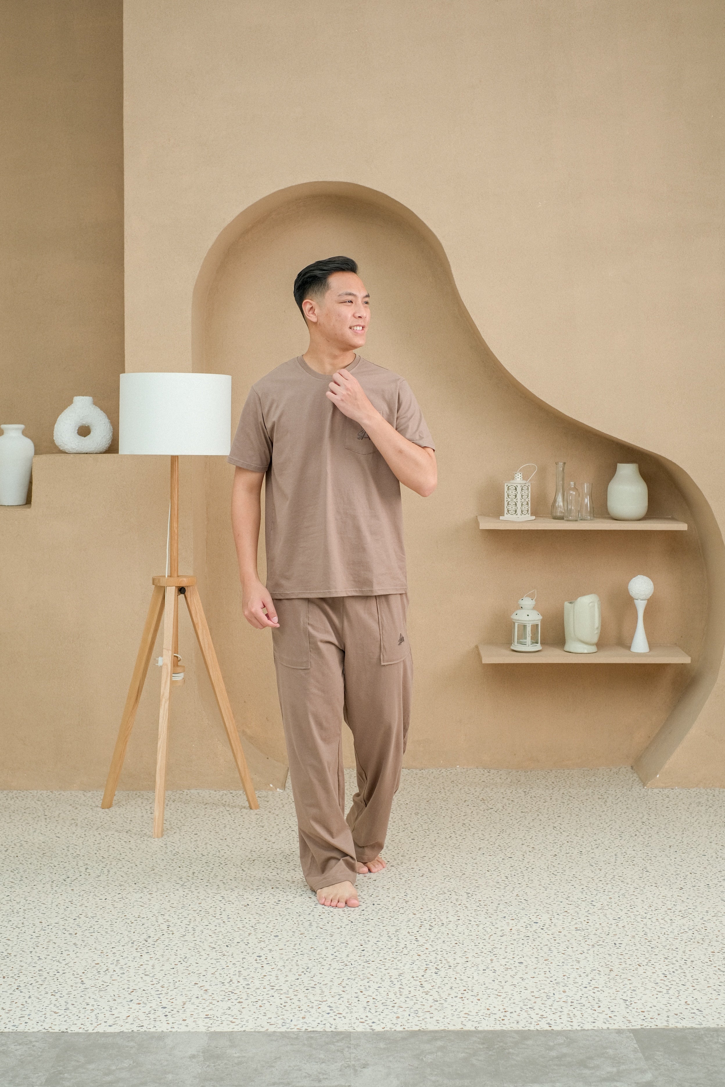 Men Coco Brown Cotton Long Pajamas Set