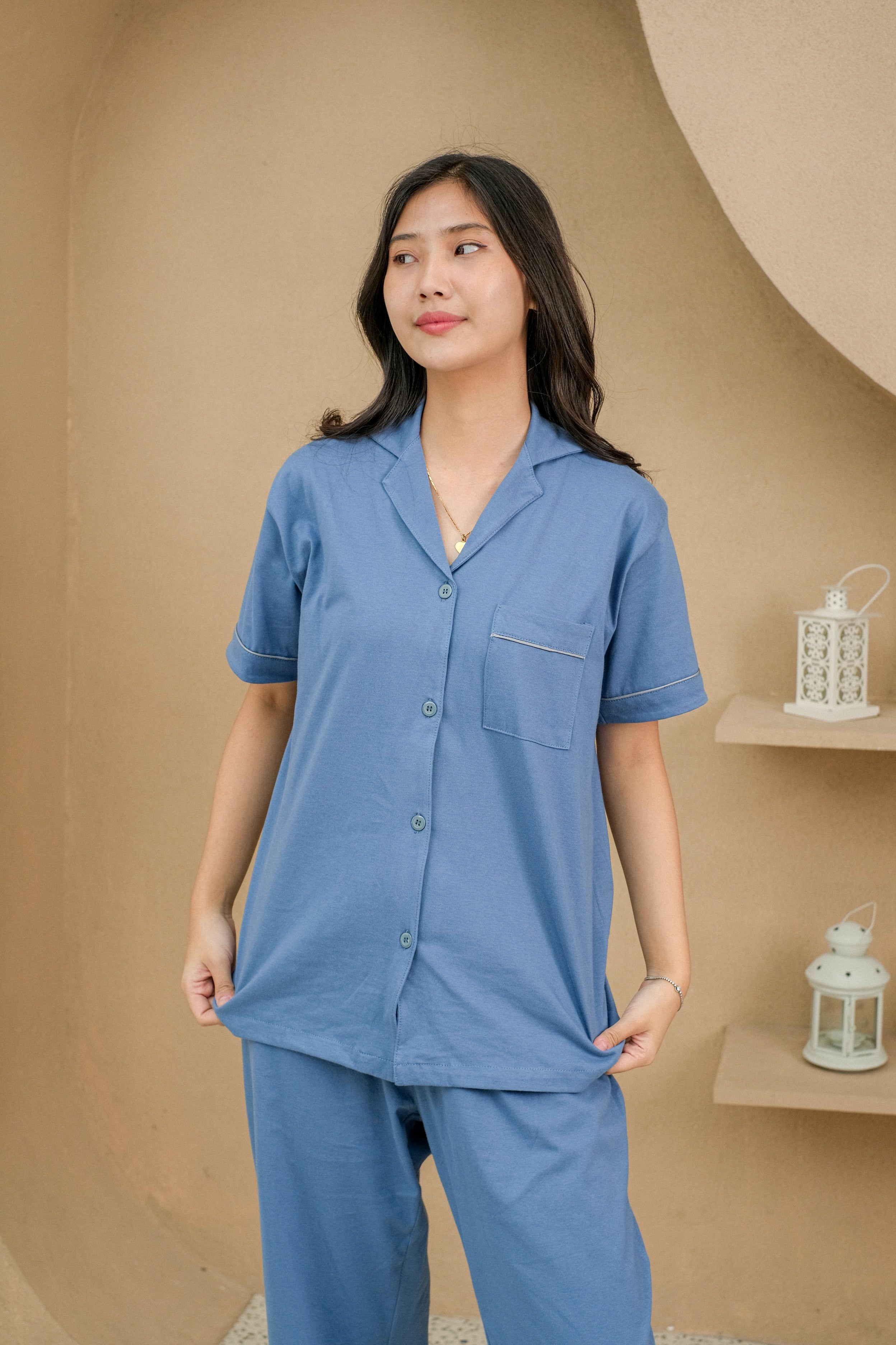 Women Mason Denim Cotton Long Pajamas Set