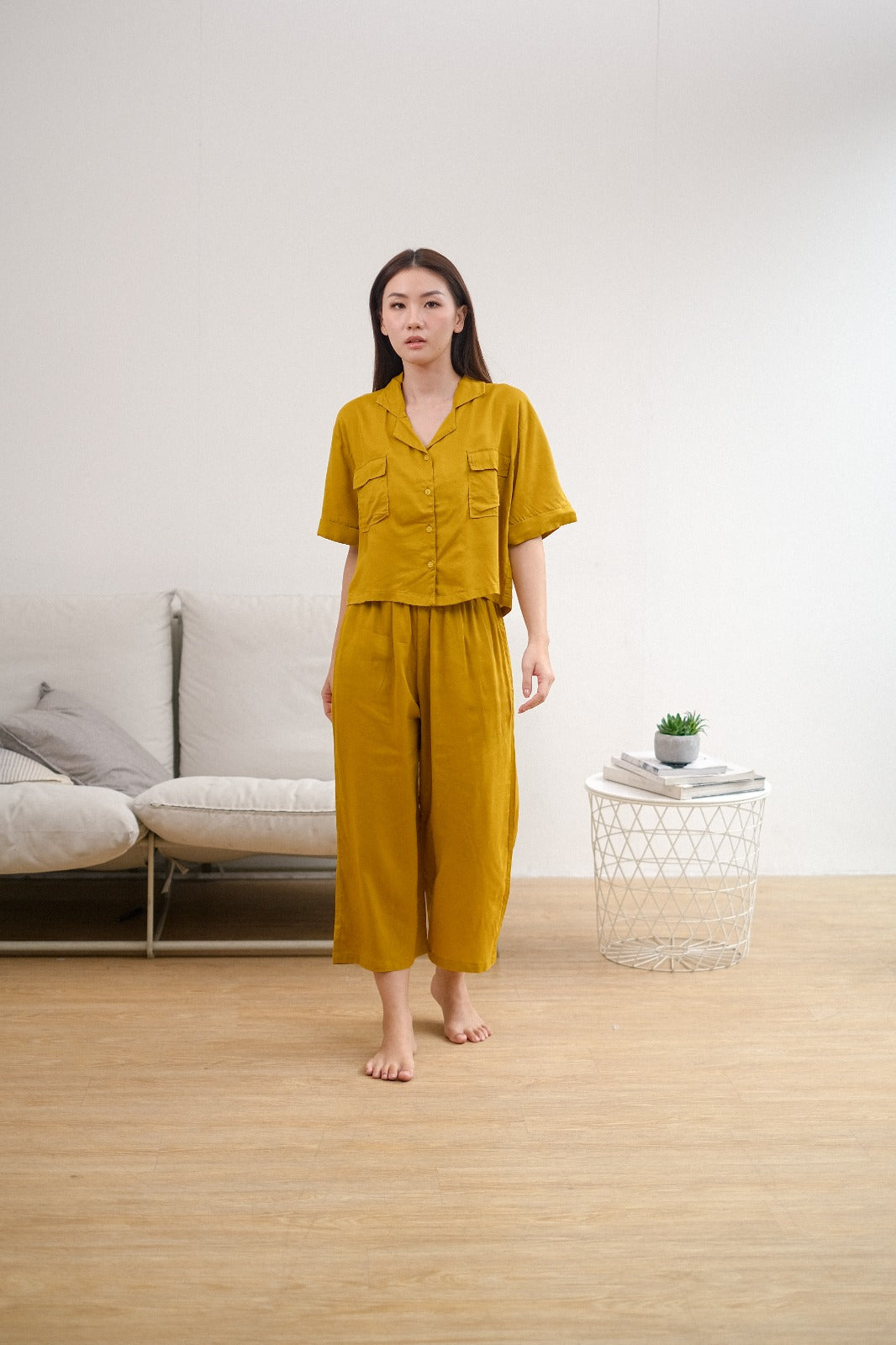 Sandra Fashion Yellow Mustard Viscose Rayon Long Pajamas Set